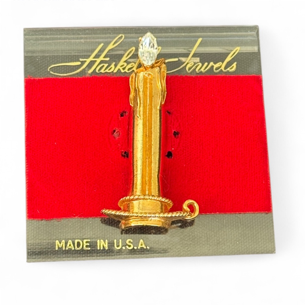 Vintage Miriam Haskell NOS Gold Tone Rhinestone Christmas Candle Brooch